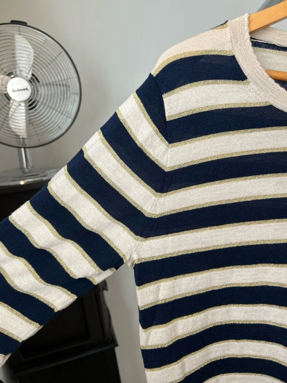 J. Crew Merino Wool Ruffle Sleeve Sweater Metallic Stripe XL
